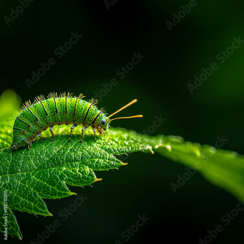 Vivid Green Caterpillar on Leaf in Natural Habitat, Macro Photography Highlighting Texture and Detail in Nature's Ecosystem