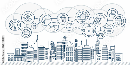 A smart city concept with interconnected icons floating above a skyline