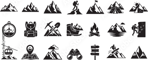 Black and white mountain adventure icons set