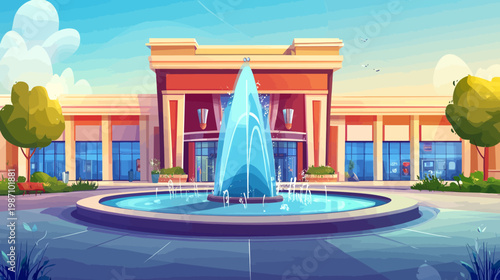 A cartoon depiction of a modern building with a large fountain in front