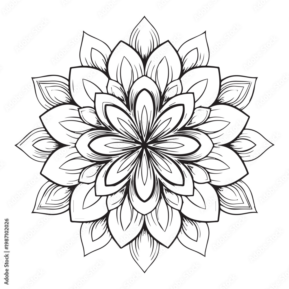Obraz premium Simple star mandala with radiating lines and clean geometric patterns. Minimal black and white vector line art for tattoo and coloring book.
