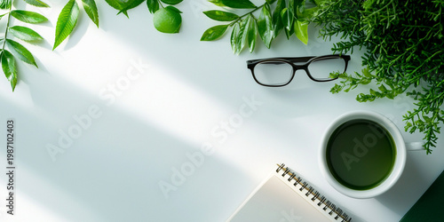 Eco-Friendly Workspace with Green Tea and Notebook Surrounded by Lush Foliage for Sustainable Productivity Inspiration