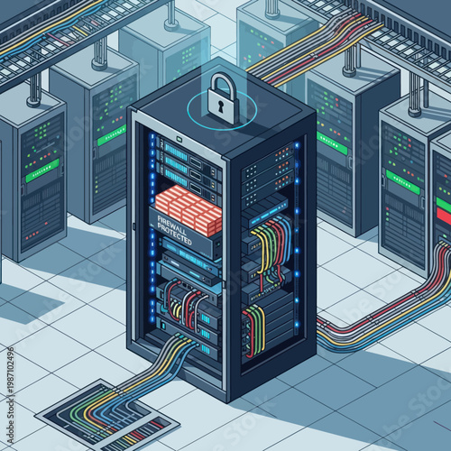 Secure Server Rack with Data Cables and Padlock Illustration.