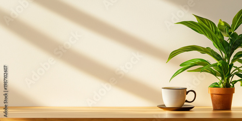 Sunlit Minimalist Desk with Coffee Cup and Potted Plant for Relaxed Workspace Aesthetic
