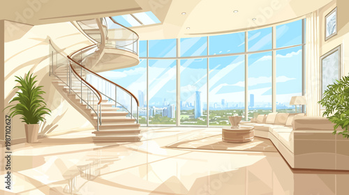 Modern luxury apartment with spiral staircase, panoramic city view, and stylish interior design