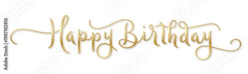 HAPPY BIRTHDAY gold brush calligraphy banner with flourishes on transparent background