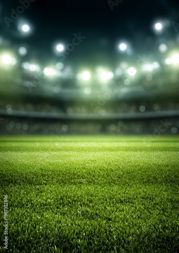 A vast football stadium glows under bright lights at night, showcasing a pristine green pitch.