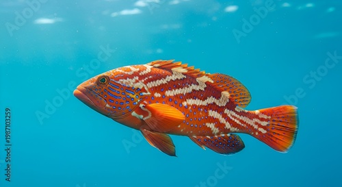 Vibrant Coral Grouper Fish Swimming in Clear Blue Ocean Water