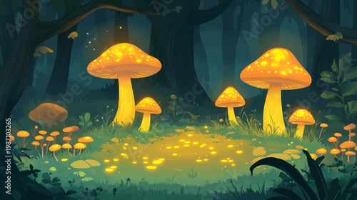 A fantastical illustration depicts glowing mushrooms in a dark forest setting