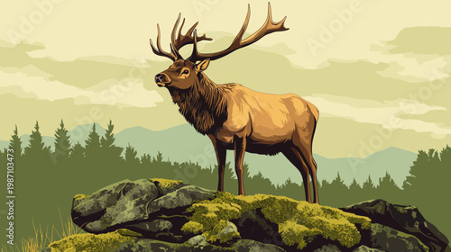 A regal elk stands proudly atop a mossy rock, set against a backdrop of forest and mountains