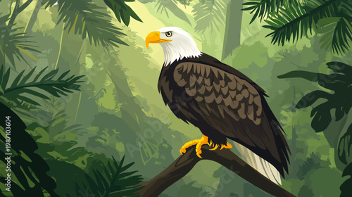 A regal bald eagle perches on a branch in a lush green jungle scene, watching
