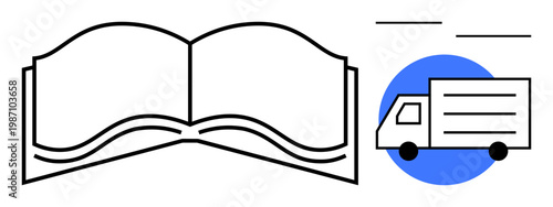 Education, library services, logistics management, ebooks, delivery, knowledge sharing. Open book with flowing lines beside a delivery truck. Education and logistics management concept