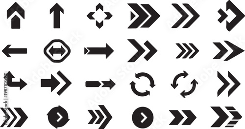 Collection of various black arrow icons on white