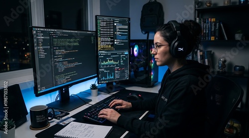 A software developer working at a multi-monitor setup, writing code and analyzing data dashboards at night, representing programming, cybersecurity, and modern tech workspace productivity.