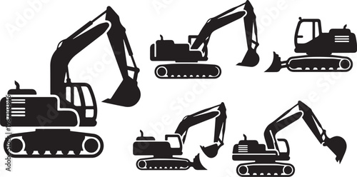 Black silhouettes of excavators on white background