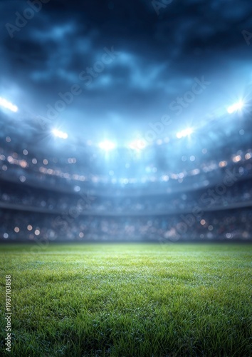 A vast football stadium glows under bright lights at night, showcasing a pristine green pitch.