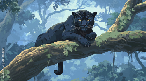 A regal black panther rests on a mossy branch, with the lush, hazy forest providing a backdrop