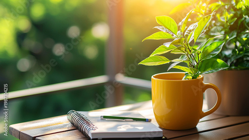 Morning Sunlight Bathing Indoor Plant in Yellow Mug with Notepad and Pen on Wooden Table