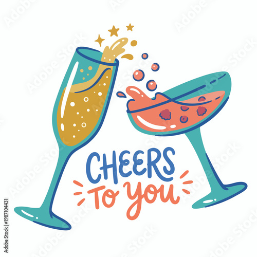 Two colorful cocktail and champagne glasses clink energetically, capturing a joyful celebration moment with vibrant splashes and sparkles, ideal for party-themed projects and merriment graphics.