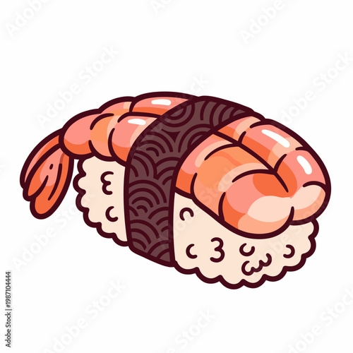 This appetizing illustration features a beautifully crafted sushi roll topped with fresh shrimp, highlighting culinary artistry and the joy of Japanese cuisine for food lovers.