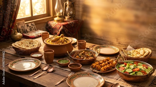 Cultural Pakistani Food Banquet with Warm Rustic Presentation and Copy Space