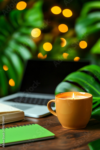 Cozy Workspace with Candle Lighting and Bohemian Decor, Featuring Open Laptop, Notebooks, and Tropical Plants for Creative Inspiration and Relaxation
