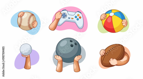 An engaging illustration portraying hands of different sizes gripping a range of sports equipment, symbolizing playfulness, competition, and fun activities.