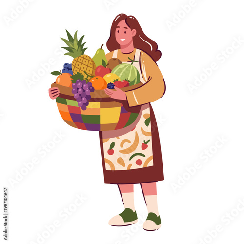 A vibrant illustration showcasing a woman joyfully carrying a large basket filled with assorted fresh fruits, symbolizing health, nutrition, and bountiful harvest.