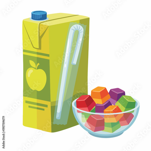 A vibrant juice carton alongside a bowl filled with colorful jelly cubes, showcasing a fun and playful snack that is both refreshing and visually appealing.