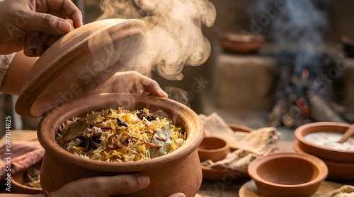 Traditional Clay Pot Biryani Being Opened with Dramatic Steam and Aromatic Rice