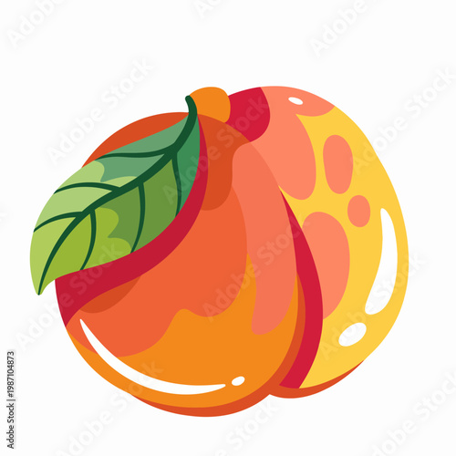 This vibrant illustration captures a juicy peach adorned with a fresh green leaf, eliciting feelings of summer, vitality, and the delightful essence of nature's bounty.