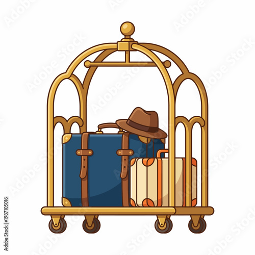 A stylish luggage cart bears suitcases and a hat, symbolizing travel and adventure. This image reflects wanderlust and the excitement of exploring new destinations.