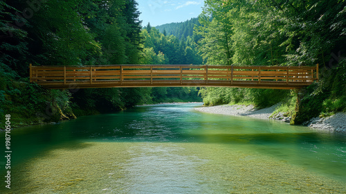 Wooden suspension bridge, crystal clear river, lush green forest, summer, tranquil nature scene
