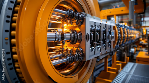 Industrial machine with metal components, orange color, high precision, glowing light
