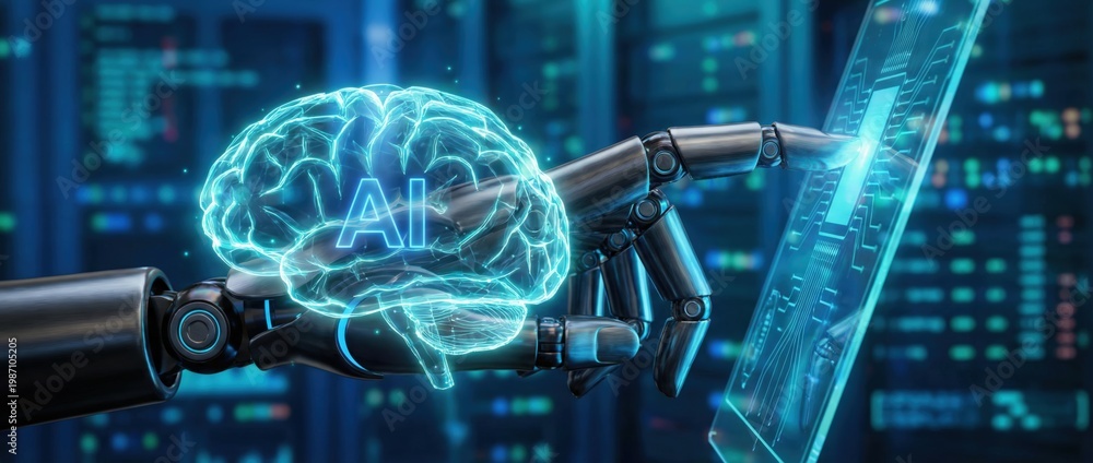 Obraz premium Exploring ai innovation robotic intelligence interacting with digital interfaces in a high-tech data center environment