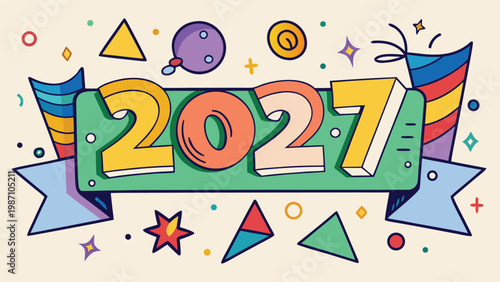 A colorful and festive illustration celebrating the arrival of the year 2021 with bold numbers, vibrant banners, and various playful geometric shapes and confetti scattered throughout the scene