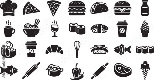 Food and drink icons in black and white