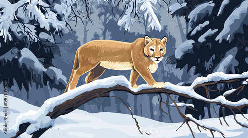 A majestic cougar gracefully navigates a snow-covered branch in a winter forest setting