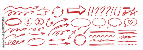 Red Hand Drawn Marker Doodle Set – Grunge Brush Arrows Circles Speech Bubbles Vector Collection