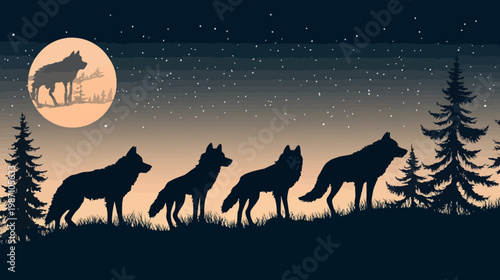 Pixelated night scene depicts a pack of wolves silhouetted against a starlit sky and moon