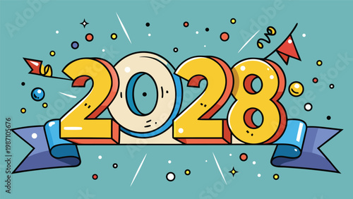 Celebrating the arrival of the year 2028 with colorful streamers and festive decorations on a vibrant background to welcome the new year in style and joy