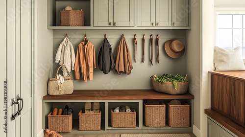 Organized Entryway:  Stylish Mudroom Design with Built-in Storage and Natural Elements
