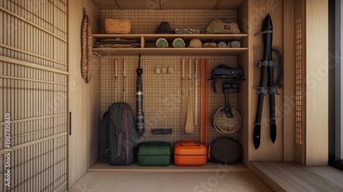 Organized Mountain Gear Storage in a Wooden Closet