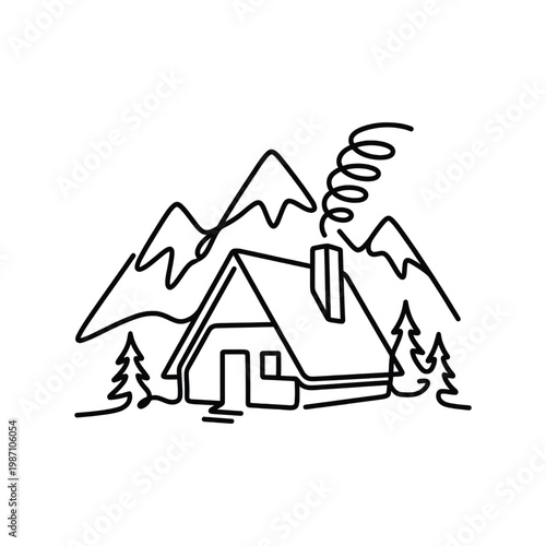 Line drawing of house with mountains and trees and smoke coming out of chimney