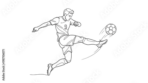 Young man in soccer uniform kicking ball with one leg in midair motion  action scene