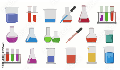 Transparent glassware with chemical reagents vector set realistic laboratory equipment illustration