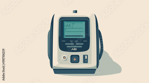 Digital illustration of a medical device, with a display screen, buttons, and handles