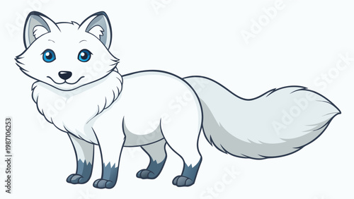 A charming cartoon-style fox with expressive blue eyes and fluffy white fur standing on a plain background, looking directly at the viewer with a friendly and inviting expression.
