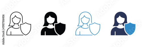 Female user with shield line and solid icon set, secure account privacy defense and data protection symbols, cybersecurity user safety concept vector illustration.