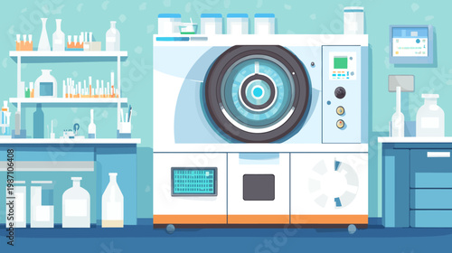 A vibrant, flat vector illustration of a modern laboratory interior with scientific equipment